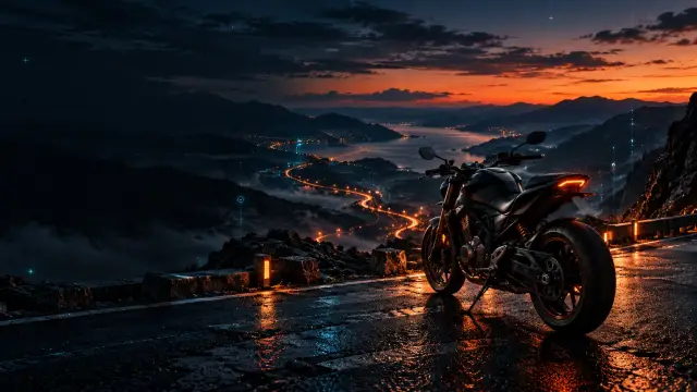 Gün batımında dağ yoluna bakan motosiklet
